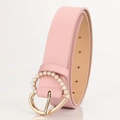 Pink PU leather belt for women with golden heart-shaped buckle and pearl details - Pink