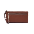 Detail of brown litchi pattern leather wallet with leaf-shaped golden zipper and wrist strap - Leaf Pull Style / Brown