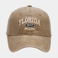 Close-up of vintage washed cotton baseball cap featuring detailed Florida 1822 embroidery - Adjustable / Khaki