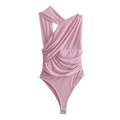 Detailansicht des rosa asymmetrischen Tüll-Bodys mit eleganten Falten und Texturen - S / Schrägschulter Geraffter Stil / Lotusrosa