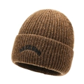 Dark brown ribbed knit beanie with rolled cuff and black letter embroidery detail - Coffee