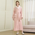 Pink fleece bathrobe for women with contrast white collar and tie waist belt - Light Pink - Women