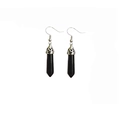 Close-up of black hexagonal crystal pillar earrings with silver patterned metal caps - Black Stone