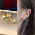 Golden bee earring and ear cuff set featuring micro-pave white zircon crystals - MY32795-Gold Little Bee Rhinestone Set