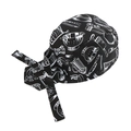 Adjustable chef bandana hat in black with white kitchen tool print and slogan - Cutlery Pattern