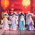Four traditional Chinese Hanfu style girl figurines with colorful accessories and lanterns - Large Book Basket Cat Fan Combination (1218-1)