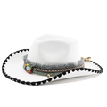 Detail of white felt cowboy hat with turquoise beadwork and fringe decoration - M(56-58cm) / White Hat with Black Whipstitch Edge