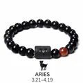 Detail of Aries beaded bracelet featuring polished black onyx beads and engraved cylinder - Aries