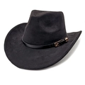 Detailansicht eines schwarzen Cowboyhuts aus Wildleder mit Naht am Rand und Schnalle - M (56-58cm) / Schwarz