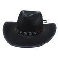 Detail of black straw cowboy hat featuring ethnic turquoise beads and silver metal studs - Black (With Wind Rope)