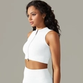 White seamless ribbed yoga set featuring a zip-up sports top and high-waist leggings - Vest - Milk White