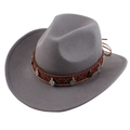 Detail of grey felt cowboy hat with ethnic braided band and silver metal pendants - Ring Decor Style / Gray
