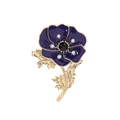 Elegant purple flower brooch with gold leaves and sparkling white crystals on white background - Dark Purple Poppy (C1655-PU)