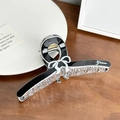 Graceful black glossy bow hair claw clip with white patterns and gold metal spring - Medium-11cm / Black