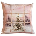Pink and gold Christmas pillow cover with watercolor snowy tree window scene print - Window Snow Scene