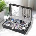 Black leather jewelry box with glass lid for watches and rings storage - 8+2 Slot Black (No Window)