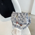 Blue floral pleated shoulder bag with oversized ruched handle and silver flower chain - Blue