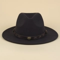 Detail of wool fedora hat with brown leather band featuring rivets and cross stitching - M (56-58cm) / Black