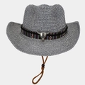Detail van western strohoed met tribale band en zilveren stierenschedel versiering - Eén maat / Marineblauw & Wit Tweekleurig