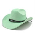 Detail of mint green suede cowboy hat with black braided band and turquoise stone ornament - M (56-58cm) / Fluorescent Green