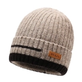 Winter men's thickened fleece-lined knit beanie in beige with dark brown contrast brim - One Size / Khaki