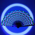 Detail of neon feather pattern on 10 inch rainbow folding fan with black bamboo ribs - Iridescent UV Glow A30
