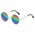 Retro Kinder Sonnenbrille mit rundem Metallrahmen und bunten Regenbogen-Verspiegelung - Silberner Rahmen Regenbogen Spiegelgläser