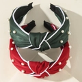 Elegant red and dark green knot headbands with white pearls and satin finish - Red Green Satin Pearl 2PCS Set