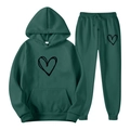 Dark green hooded tracksuit set for women featuring black hand-drawn heart prints - S / Dark Green