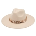 Detail of beige fedora hat featuring a chunky gold acrylic chain on a wool felt brim - Adult (57-60cm) / Beige