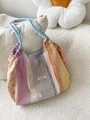 Floral patchwork canvas tote bag with blue woven rope handles and have a nice day label - Patchwork Floral