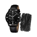 Men's black chronograph watch with stitched leather strap and matching infinity bracelet set - Black 657