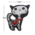 Detailed embroidery of cat skull patch with red heart accent and clear size markers - Skeleton Heart Cat (V00641-2)