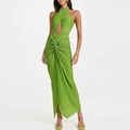 Sparkly green halter neck cutout swimsuit set for women featuring glamorous shiny fabric - In Stock Item