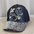 Detail of heavy rhinestone embellishments and gems on dark blue denim baseball cap - No.14/Dark Blue Denim/Heavy Gemstone