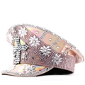 Cappello militare punk olografico rosa con croce di strass argentati e teschi decorativi - Regolabile / Rosa fantasma
