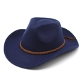 Détail du chapeau de cowboy en feutre bleu marine avec ruban tressé marron et franges - M (56-58cm) / Bleu marine