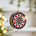Christmas dartboard tree ornament with red, white, black pattern and golden dart accessory - Dartboard