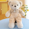 Cream teddy bear plush in a beige plaid shirt and suspenders for gift giving - Light Brown Couple Bear Male