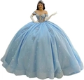 Light blue off-shoulder ball gown with silver sequins, floral embroidery and white gloves - Dusty Blue with Train