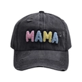 Distressed dark grey baseball cap with colorful MAMA chenille letter patches - Black - Colorful Letter MAMA Baseball Cap
