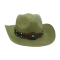 Handmade woven cowboy straw hat in avocado green with turquoise and metal studs - Army Green