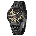 Reloj de hombre en acero negro con esfera dorada calada, manecillas y calendario - Caja Negra y Esfera Negra Correa de Acero