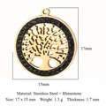 Ciondolo Albero della Vita dorato in acciaio inox con strass neri per gioielli fai da te - Albero della Vita / Zirconia Nera (VC778)