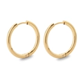 Detailed view of highly polished gold stainless steel hoop earrings with hinged clasp - 2.5*18mm / Gold