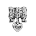 Silver bow and heart charm bead with sparkling rhinestones and Love engraving - Bowknot Heart Dangle (#13)