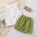 Toddler summer cotton gauze set with white button vest and green shorts outfit - 80 / White and Green