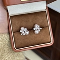 Elegant pink pearl earrings with silver needle and small crystals in a brown jewelry box - 32# Silver Needle Pink Pearl Rhinestone Clustered Stud Earrings