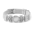 Pulsera de malla plateada con dijes de corona y cristales brillantes sobre fondo blanco - Plateado