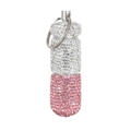Capsule-shaped rhinestone pill container in pink and white with a silver keychain - White + Pink